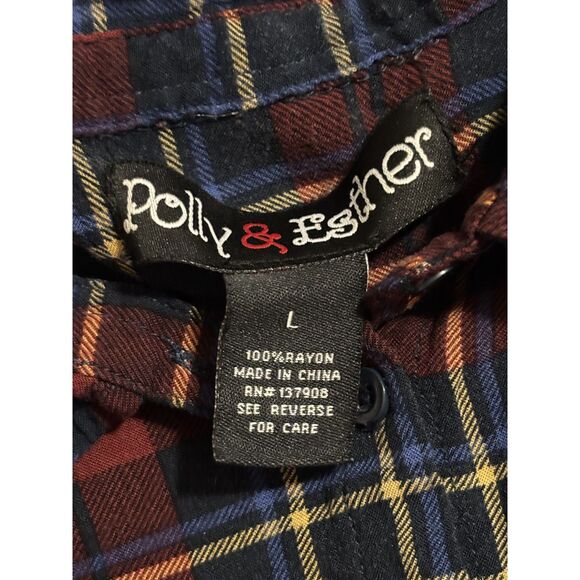 Polly&Esther Plaid Button Down Shirt L Red Blue Soft Rayon Grunge Y2K Cabincore - Picture 2 of 7